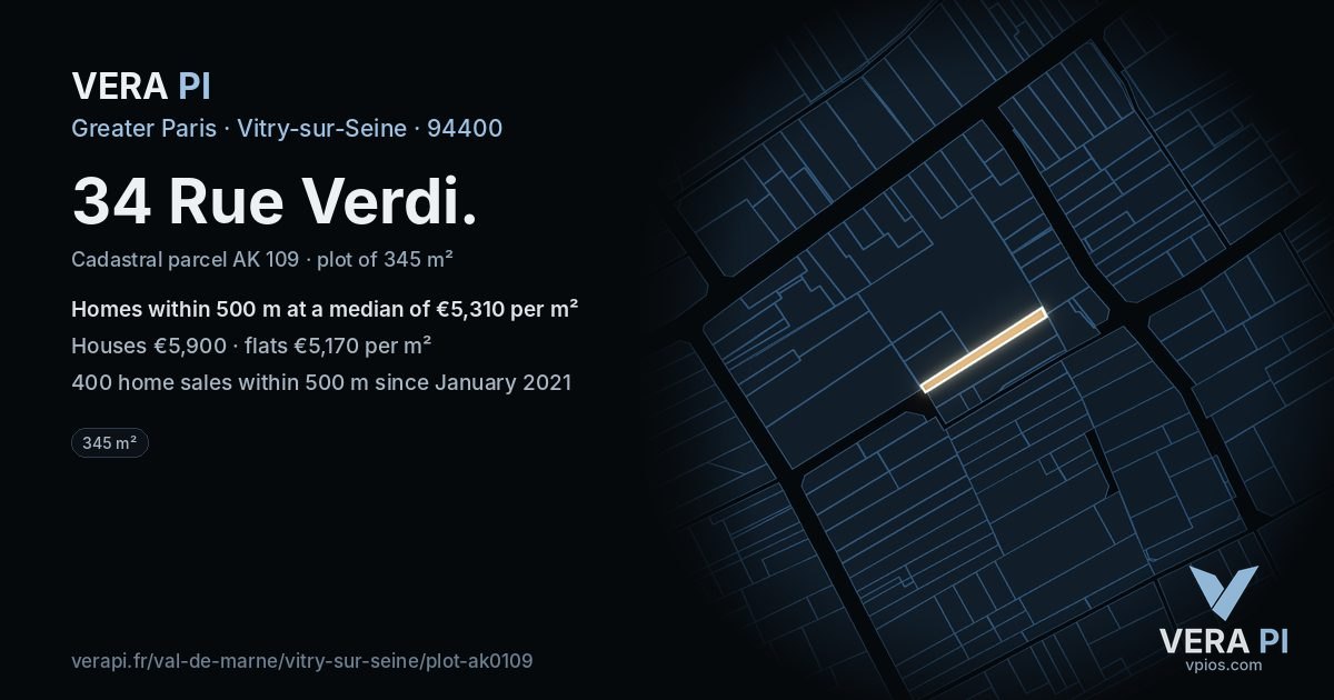 34 Rue Verdi, Vitry-sur-Seine at night – the plot lit, the parcels around coloured by the prices near them