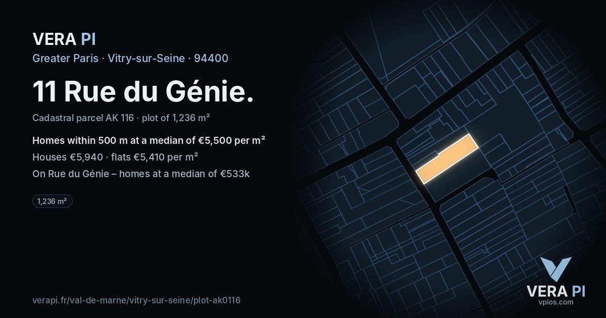 11 Rue du Génie, Vitry-sur-Seine at night – the plot lit, the parcels around coloured by the prices near them