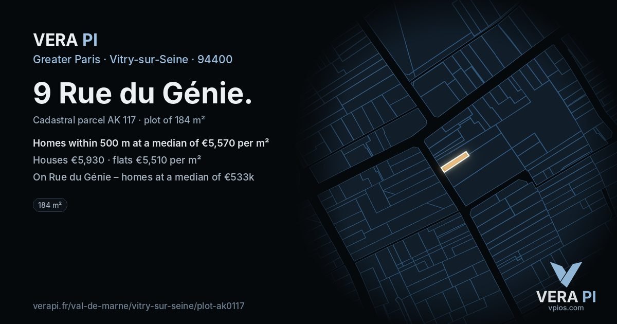 9 Rue du Génie, Vitry-sur-Seine at night – the plot lit, the parcels around coloured by the prices near them