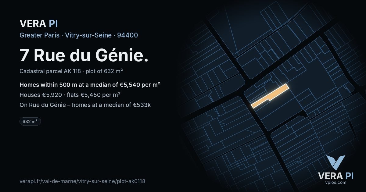 7 Rue du Génie, Vitry-sur-Seine at night – the plot lit, the parcels around coloured by the prices near them