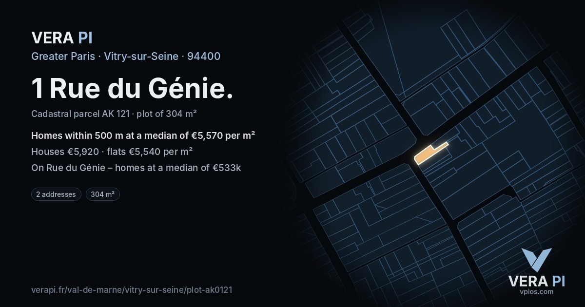 1 Rue du Génie, Vitry-sur-Seine at night – the plot lit, the parcels around coloured by the prices near them