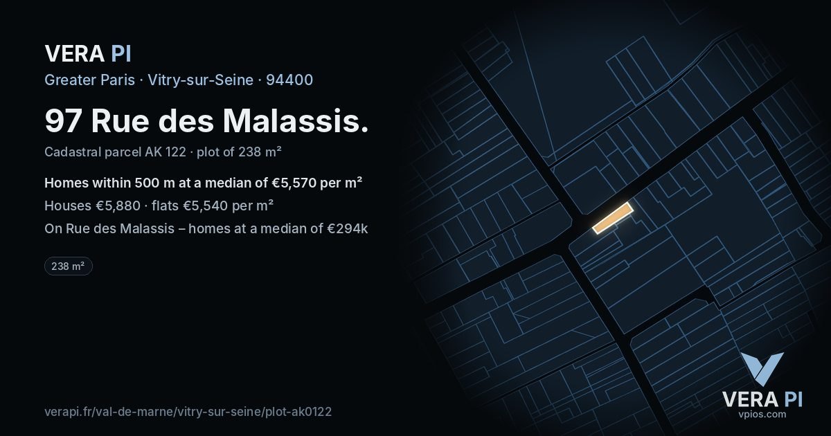97 Rue des Malassis, Vitry-sur-Seine at night – the plot lit, the parcels around coloured by the prices near them