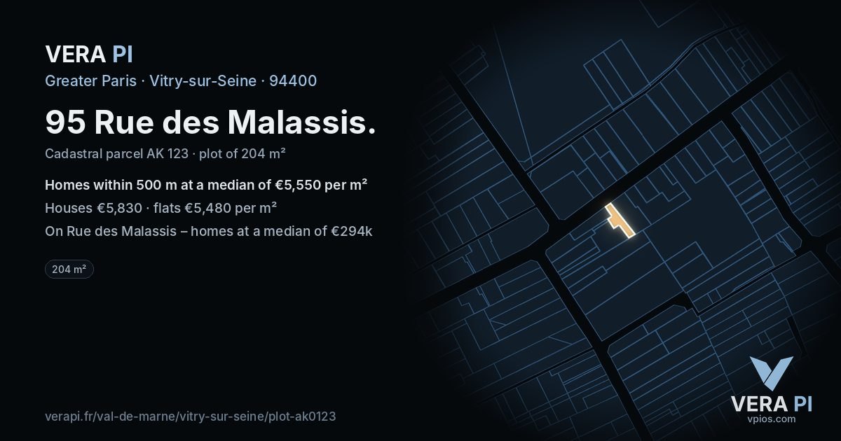 95 Rue des Malassis, Vitry-sur-Seine at night – the plot lit, the parcels around coloured by the prices near them