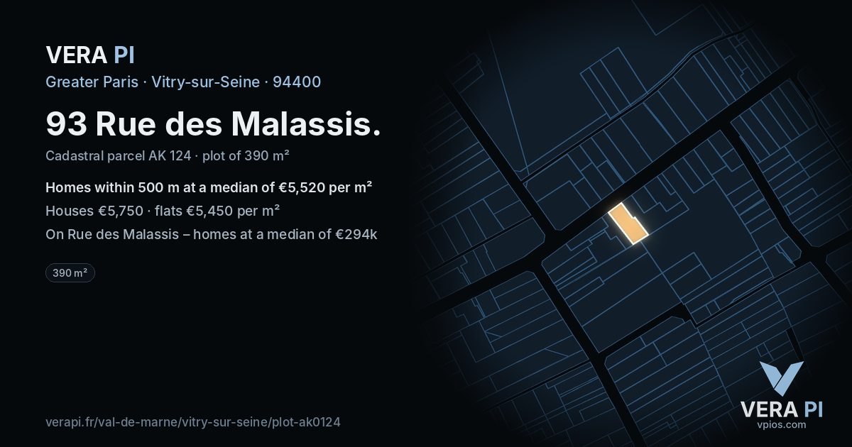 93 Rue des Malassis, Vitry-sur-Seine at night – the plot lit, the parcels around coloured by the prices near them