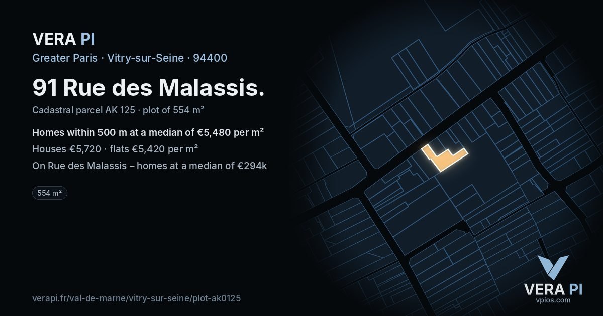 91 Rue des Malassis, Vitry-sur-Seine at night – the plot lit, the parcels around coloured by the prices near them