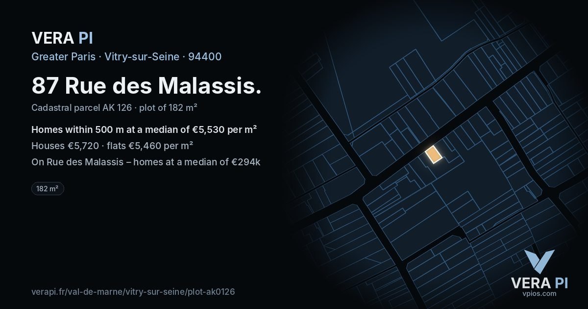 87 Rue des Malassis, Vitry-sur-Seine at night – the plot lit, the parcels around coloured by the prices near them