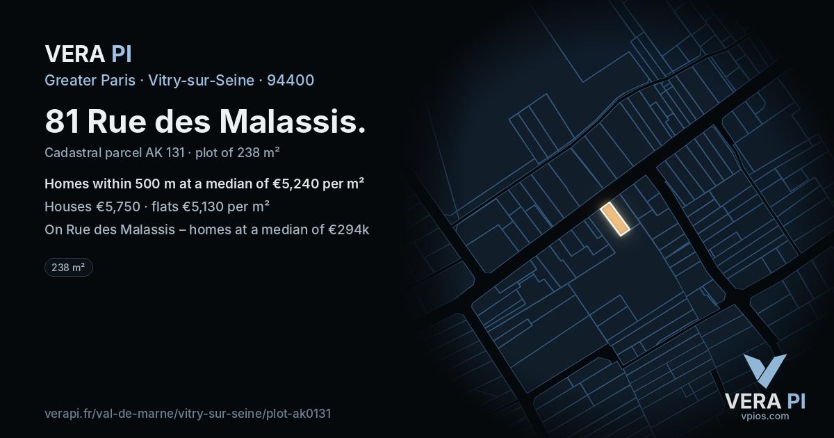 81 Rue des Malassis, Vitry-sur-Seine at night – the plot lit, the parcels around coloured by the prices near them