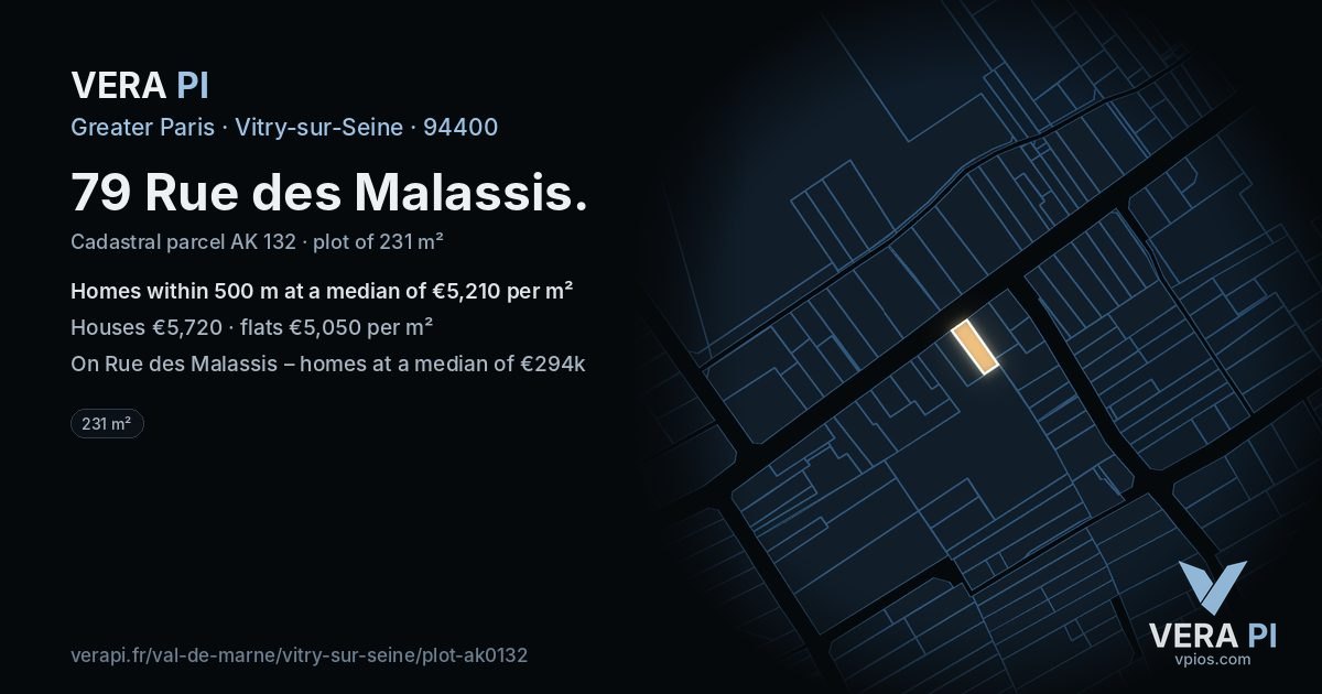 79 Rue des Malassis, Vitry-sur-Seine at night – the plot lit, the parcels around coloured by the prices near them