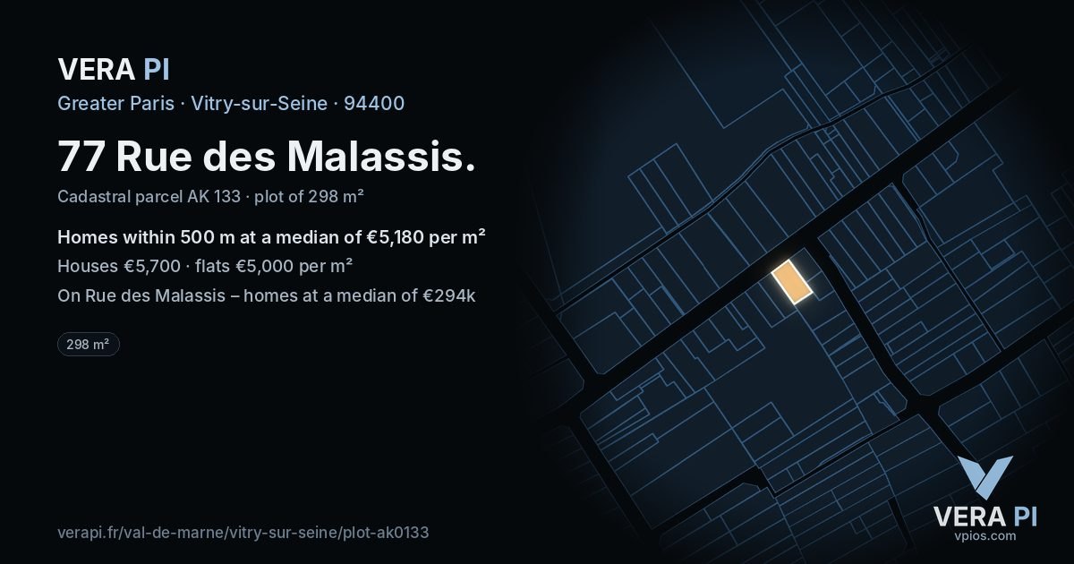 77 Rue des Malassis, Vitry-sur-Seine at night – the plot lit, the parcels around coloured by the prices near them