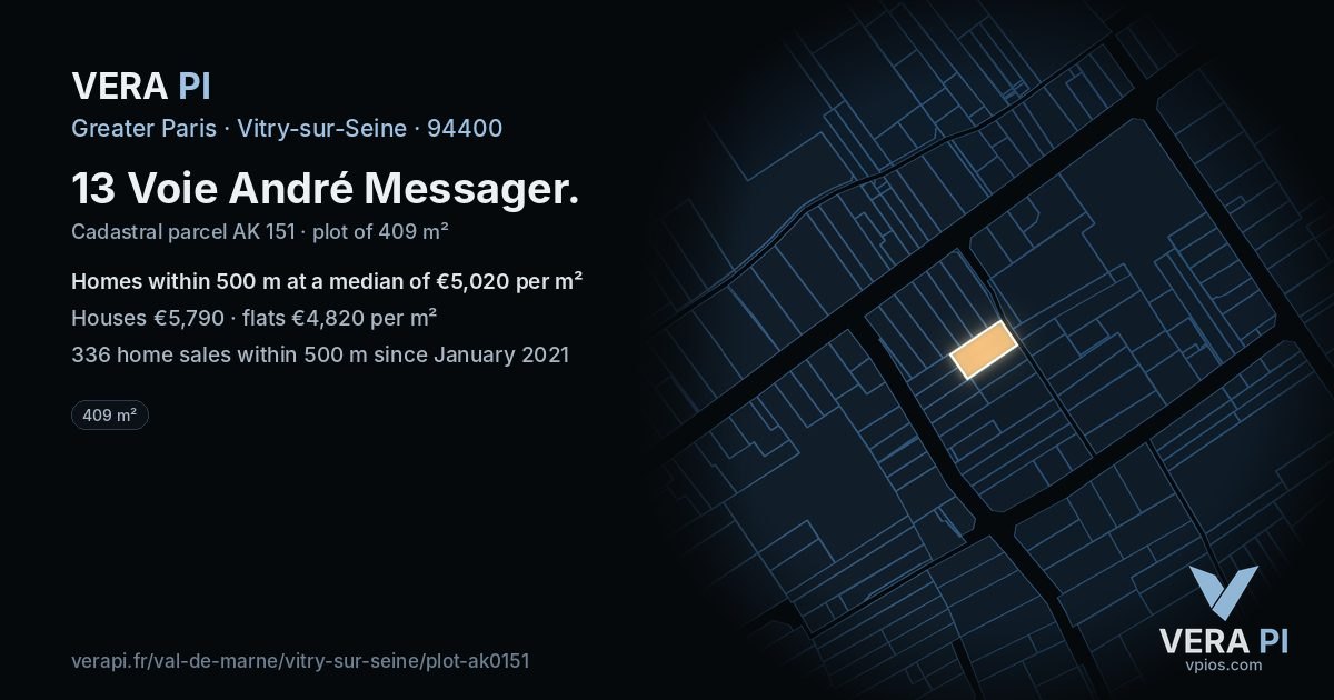 13 Voie André Messager, Vitry-sur-Seine at night – the plot lit, the parcels around coloured by the prices near them