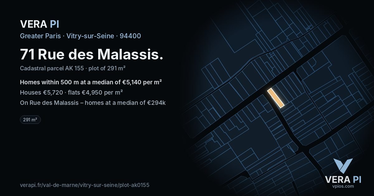 71 Rue des Malassis, Vitry-sur-Seine at night – the plot lit, the parcels around coloured by the prices near them