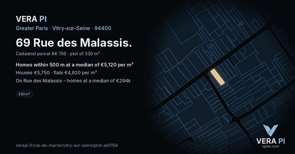 69 Rue des Malassis, Vitry-sur-Seine at night – the plot lit, the parcels around coloured by the prices near them