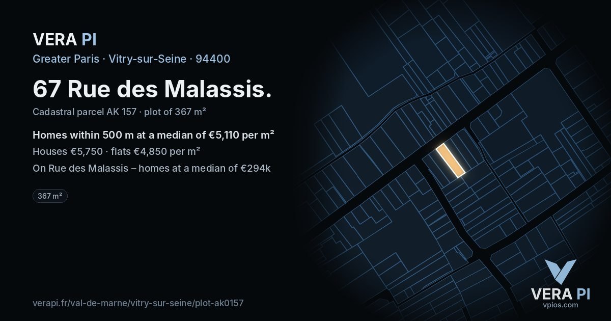 67 Rue des Malassis, Vitry-sur-Seine at night – the plot lit, the parcels around coloured by the prices near them