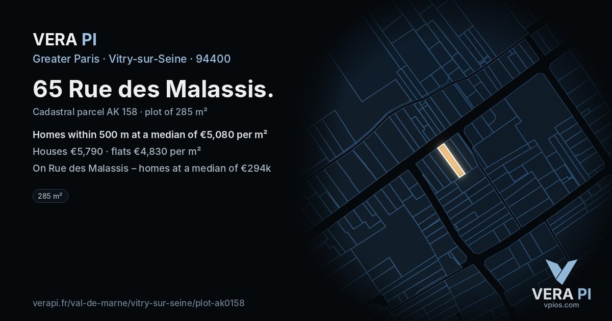 65 Rue des Malassis, Vitry-sur-Seine at night – the plot lit, the parcels around coloured by the prices near them