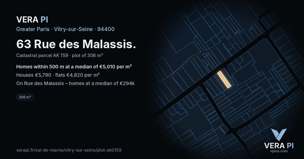 63 Rue des Malassis, Vitry-sur-Seine at night – the plot lit, the parcels around coloured by the prices near them