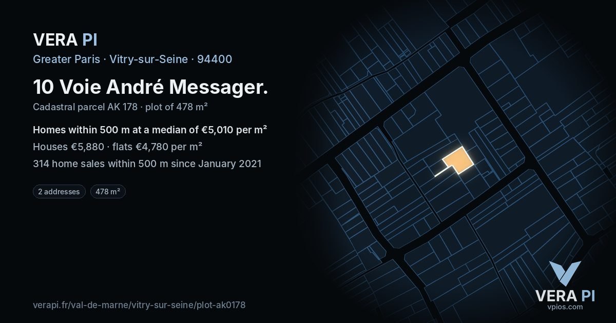10 Voie André Messager, Vitry-sur-Seine at night – the plot lit, the parcels around coloured by the prices near them