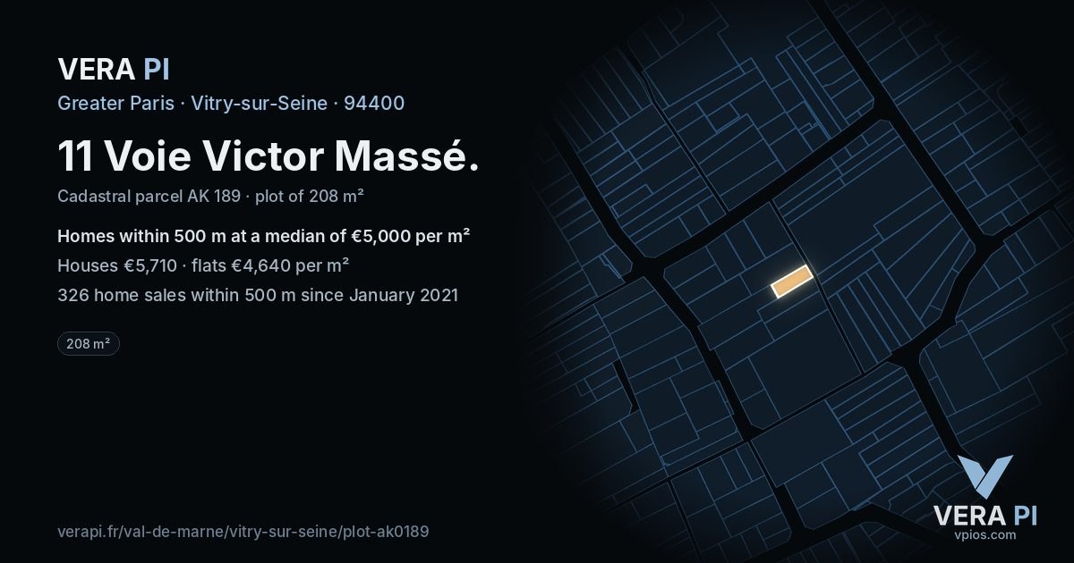 11 Voie Victor Massé, Vitry-sur-Seine at night – the plot lit, the parcels around coloured by the prices near them