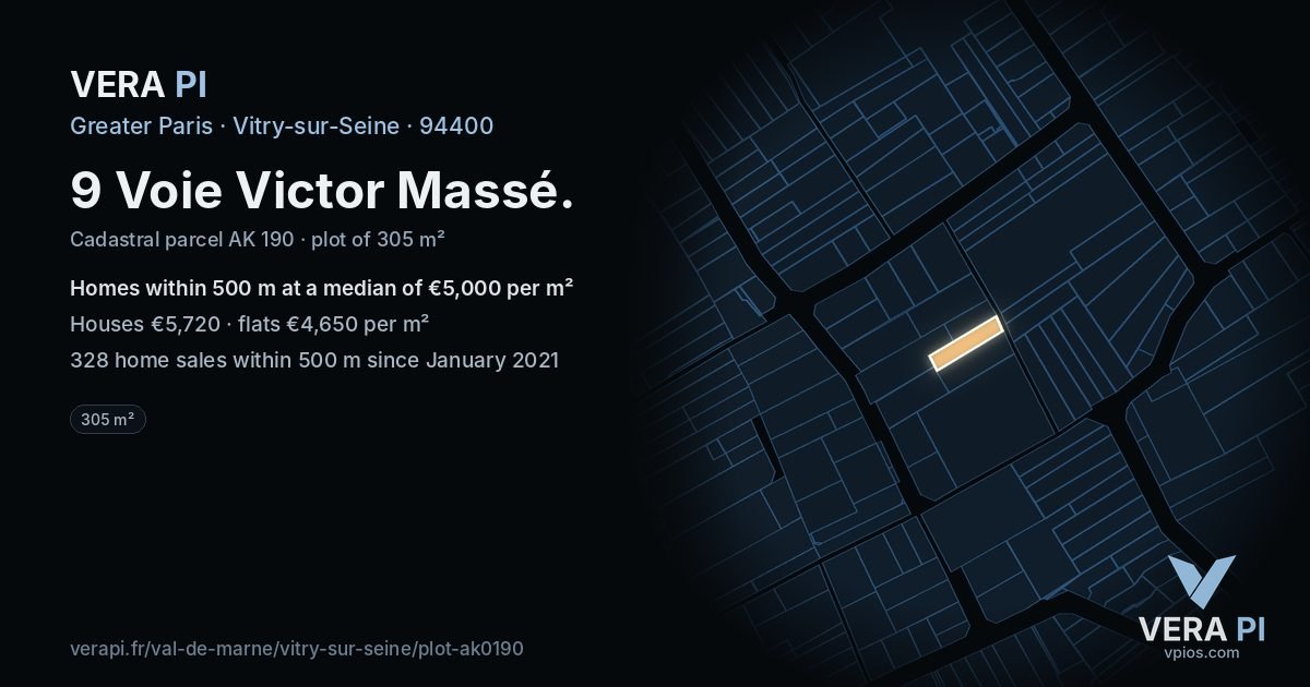 9 Voie Victor Massé, Vitry-sur-Seine at night – the plot lit, the parcels around coloured by the prices near them