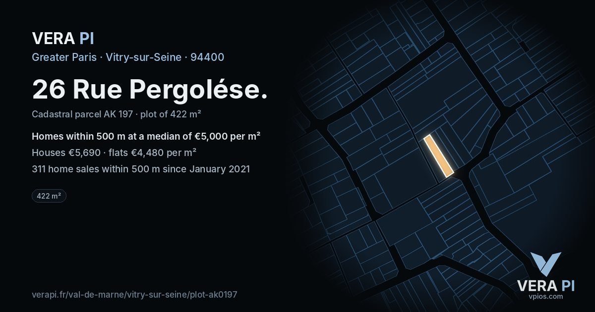 26 Rue Pergolése, Vitry-sur-Seine at night – the plot lit, the parcels around coloured by the prices near them