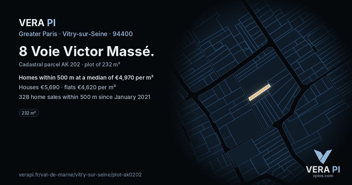 8 Voie Victor Massé, Vitry-sur-Seine at night – the plot lit, the parcels around coloured by the prices near them