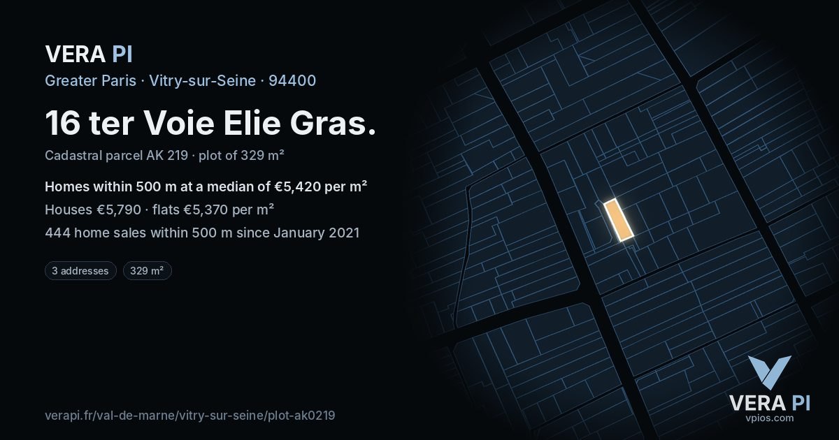 16 ter Voie Elie Gras, Vitry-sur-Seine at night – the plot lit, the parcels around coloured by the prices near them