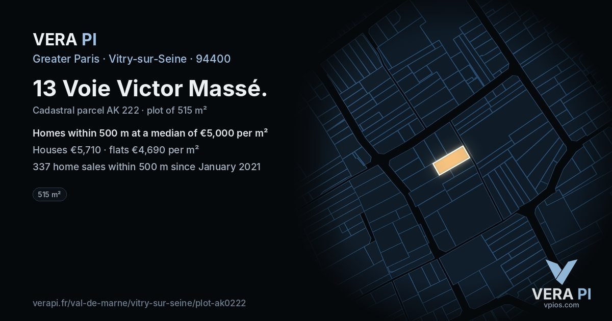 13 Voie Victor Massé, Vitry-sur-Seine at night – the plot lit, the parcels around coloured by the prices near them