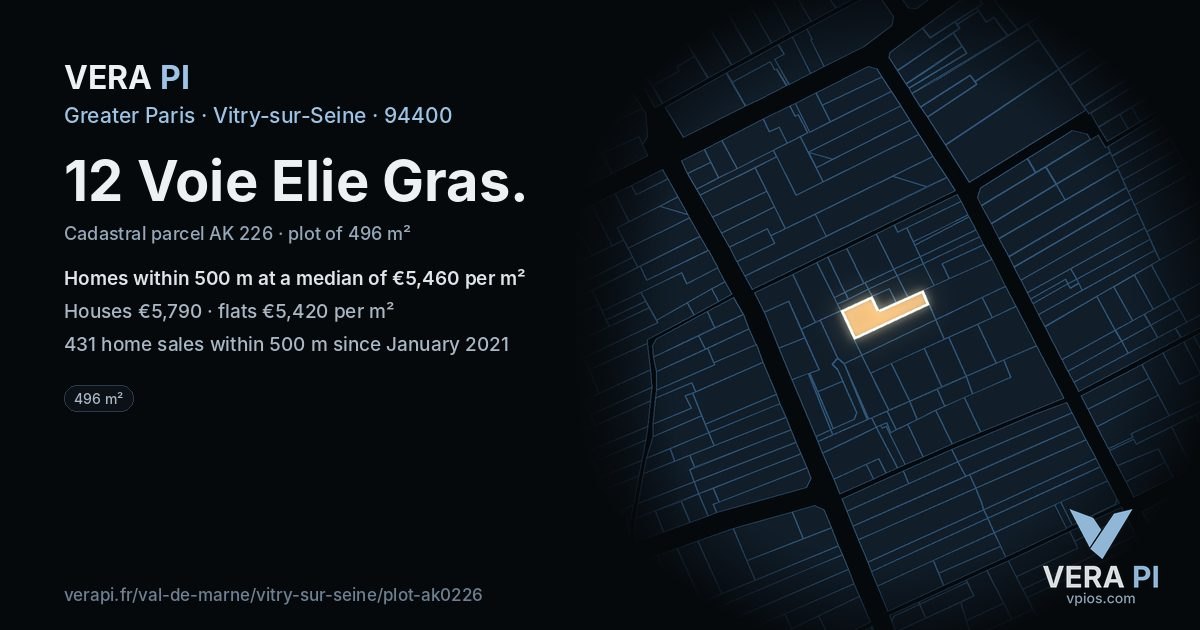 12 Voie Elie Gras, Vitry-sur-Seine at night – the plot lit, the parcels around coloured by the prices near them
