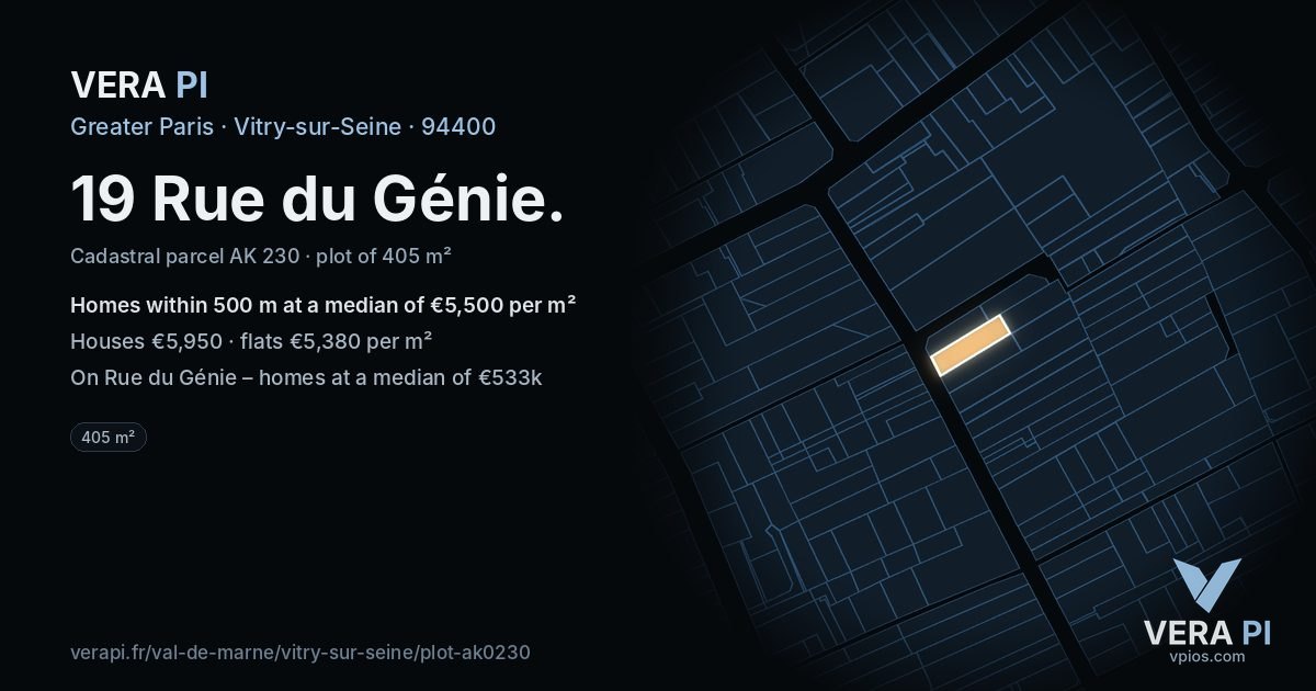 19 Rue du Génie, Vitry-sur-Seine at night – the plot lit, the parcels around coloured by the prices near them