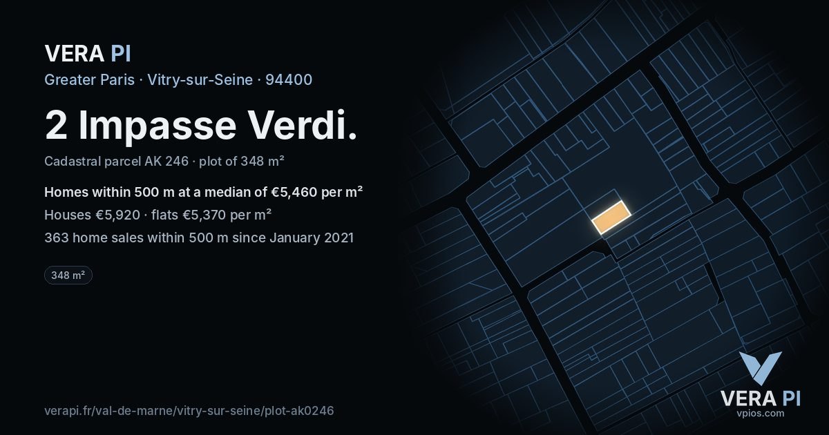 2 Impasse Verdi, Vitry-sur-Seine at night – the plot lit, the parcels around coloured by the prices near them