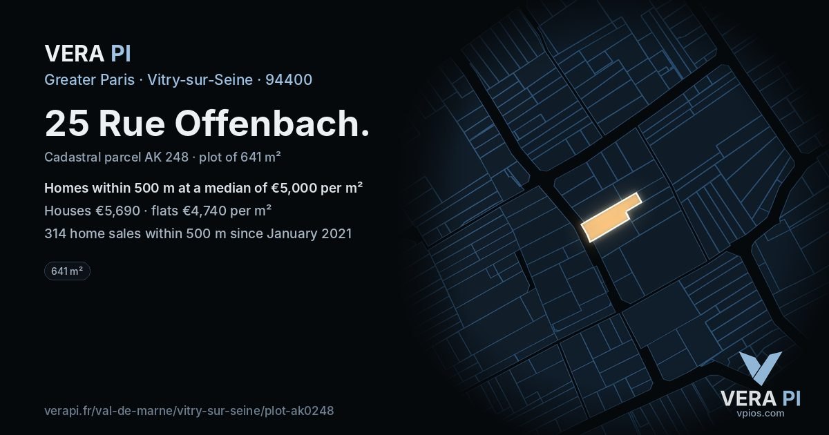 25 Rue Offenbach, Vitry-sur-Seine at night – the plot lit, the parcels around coloured by the prices near them