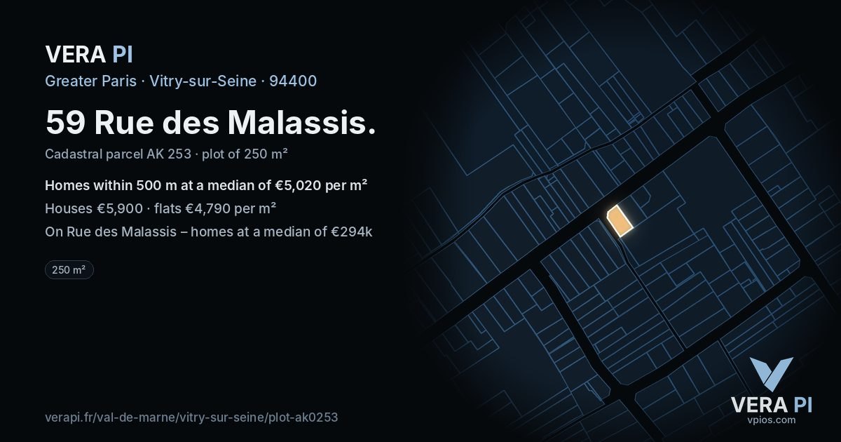 59 Rue des Malassis, Vitry-sur-Seine at night – the plot lit, the parcels around coloured by the prices near them