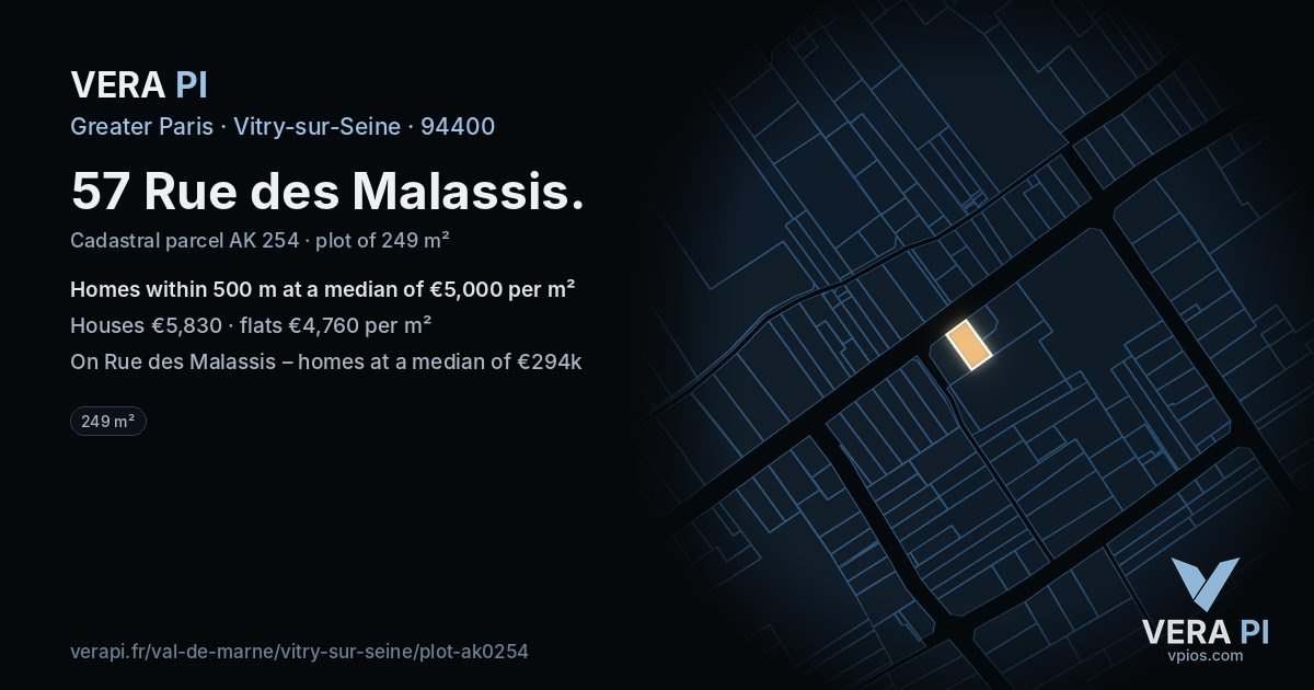 57 Rue des Malassis, Vitry-sur-Seine at night – the plot lit, the parcels around coloured by the prices near them