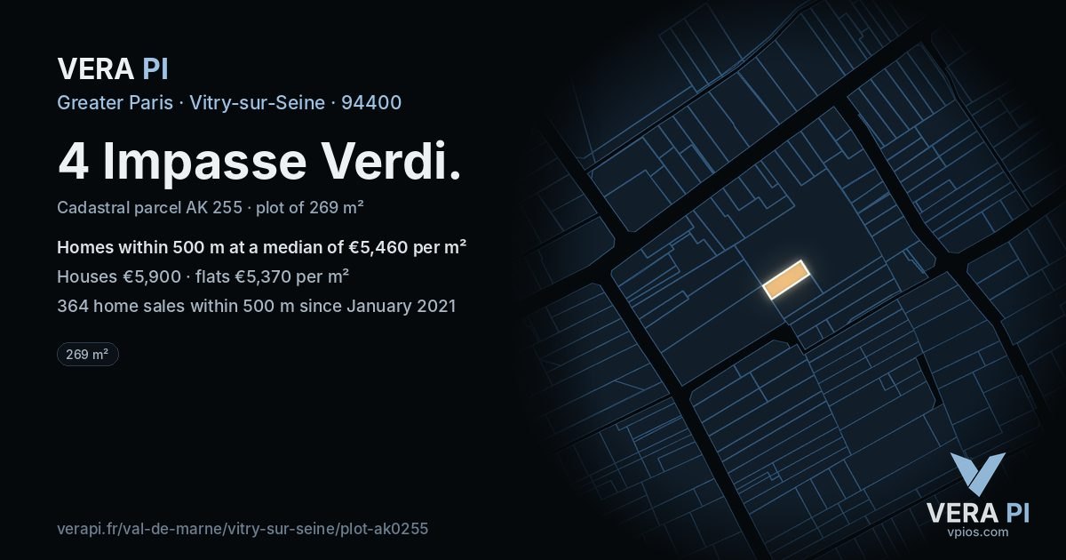 4 Impasse Verdi, Vitry-sur-Seine at night – the plot lit, the parcels around coloured by the prices near them