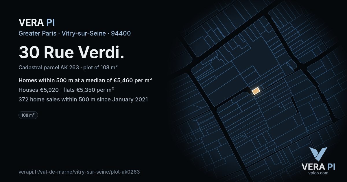 30 Rue Verdi, Vitry-sur-Seine at night – the plot lit, the parcels around coloured by the prices near them