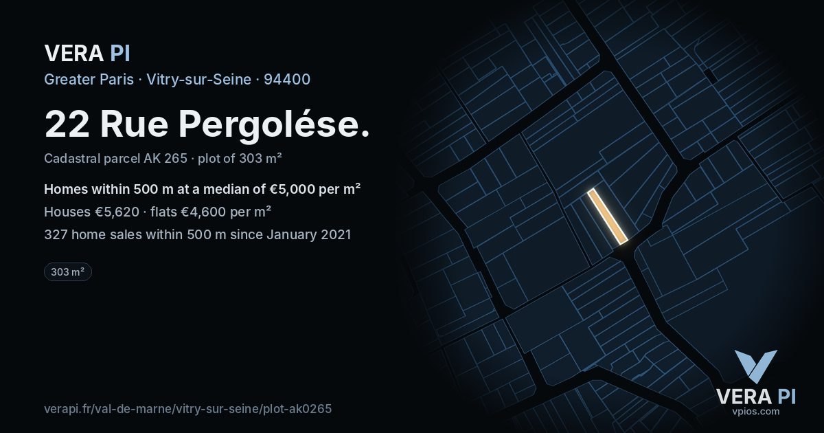 22 Rue Pergolése, Vitry-sur-Seine at night – the plot lit, the parcels around coloured by the prices near them