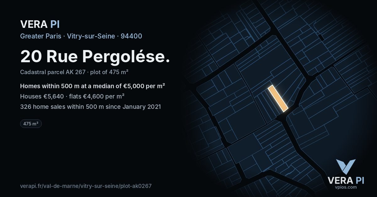 20 Rue Pergolése, Vitry-sur-Seine at night – the plot lit, the parcels around coloured by the prices near them