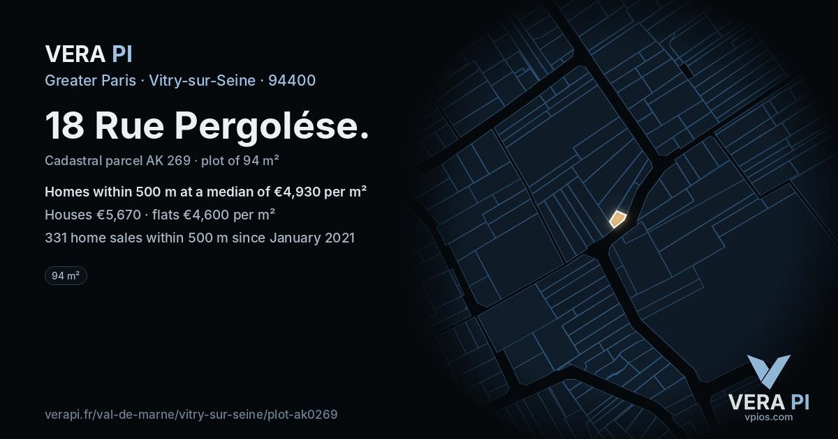 18 Rue Pergolése, Vitry-sur-Seine at night – the plot lit, the parcels around coloured by the prices near them