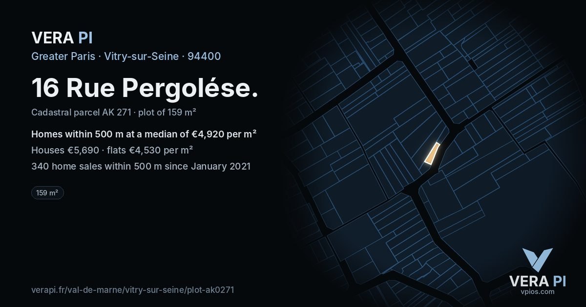 16 Rue Pergolése, Vitry-sur-Seine at night – the plot lit, the parcels around coloured by the prices near them