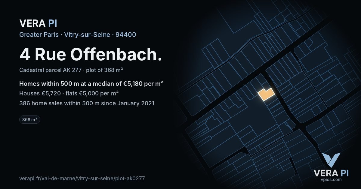 4 Rue Offenbach, Vitry-sur-Seine at night – the plot lit, the parcels around coloured by the prices near them