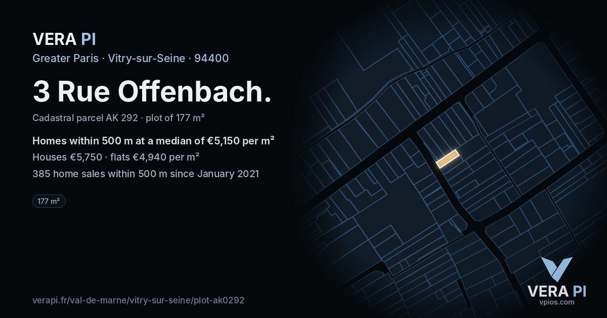 3 Rue Offenbach, Vitry-sur-Seine at night – the plot lit, the parcels around coloured by the prices near them