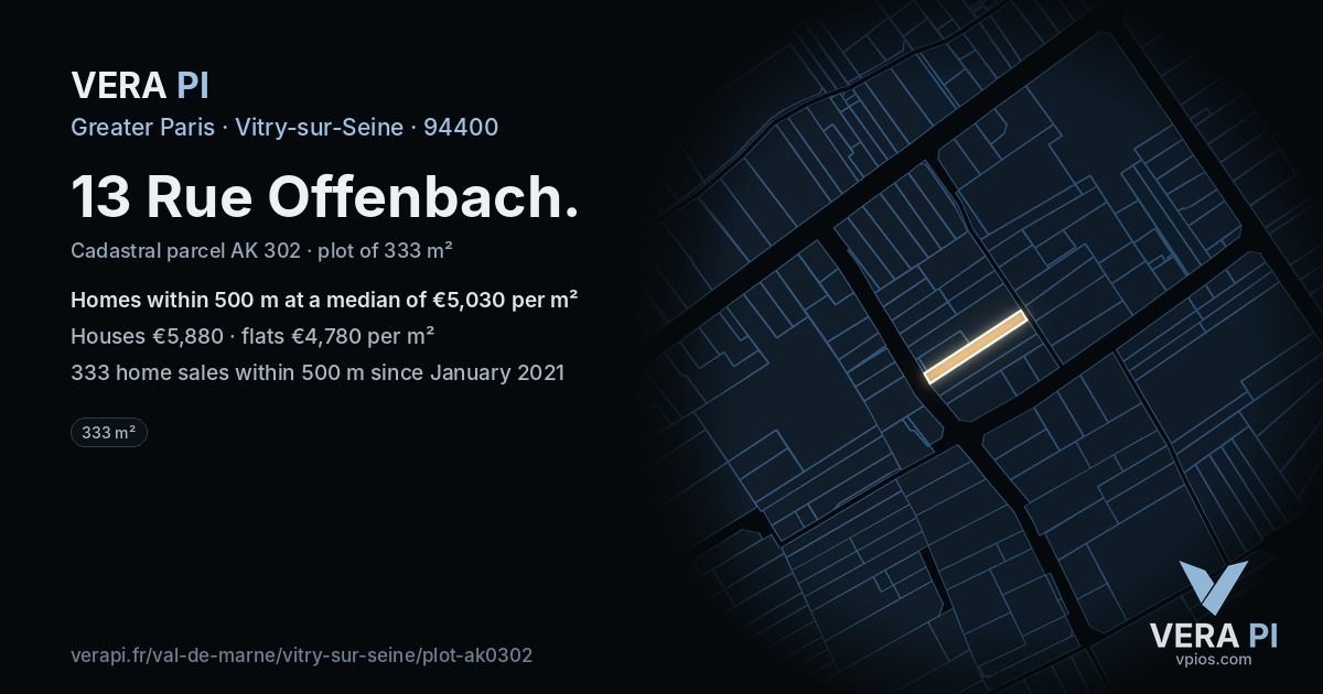 13 Rue Offenbach, Vitry-sur-Seine at night – the plot lit, the parcels around coloured by the prices near them