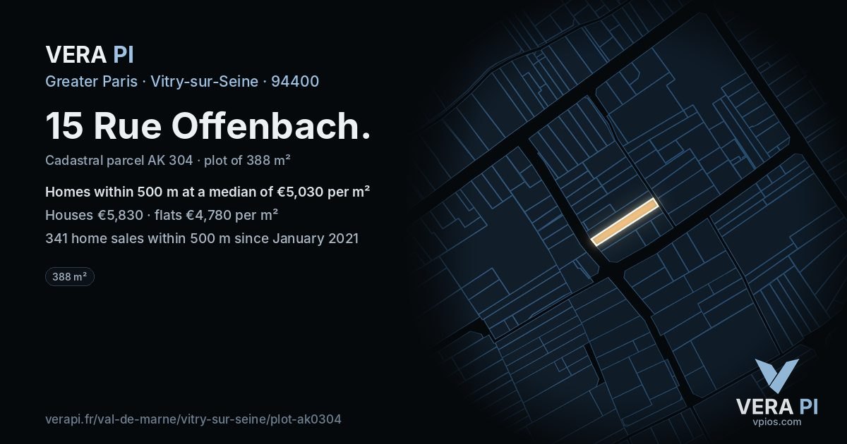 15 Rue Offenbach, Vitry-sur-Seine at night – the plot lit, the parcels around coloured by the prices near them