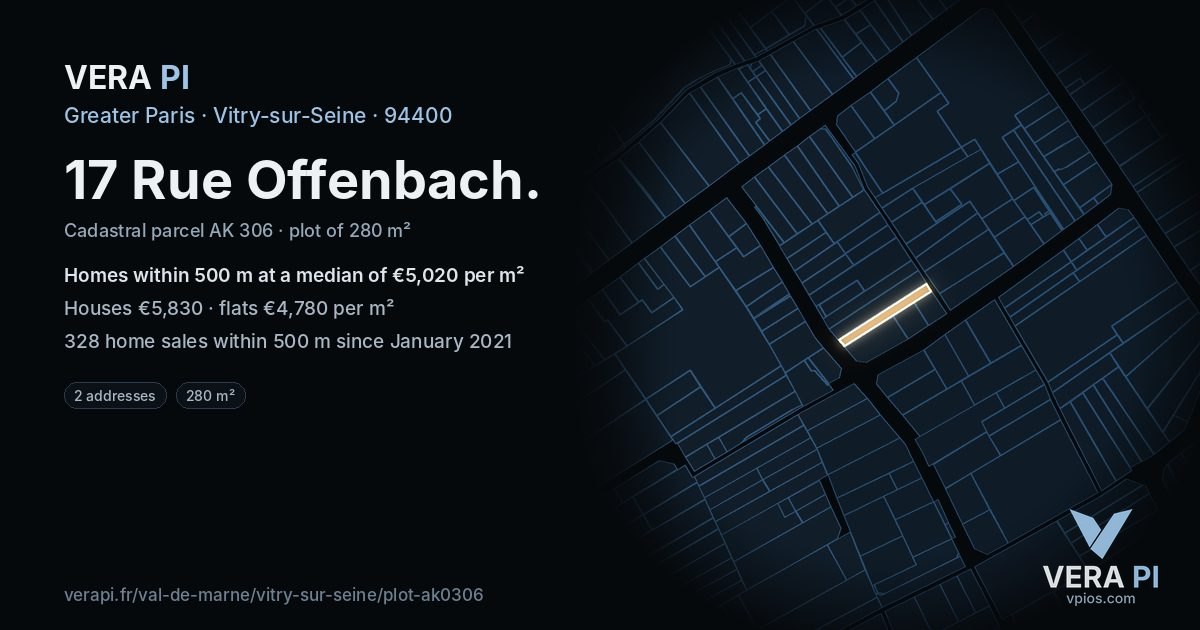 17 Rue Offenbach, Vitry-sur-Seine at night – the plot lit, the parcels around coloured by the prices near them