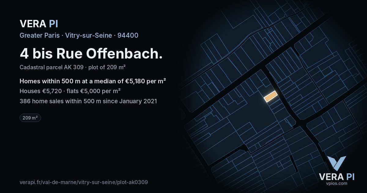 4 bis Rue Offenbach, Vitry-sur-Seine at night – the plot lit, the parcels around coloured by the prices near them