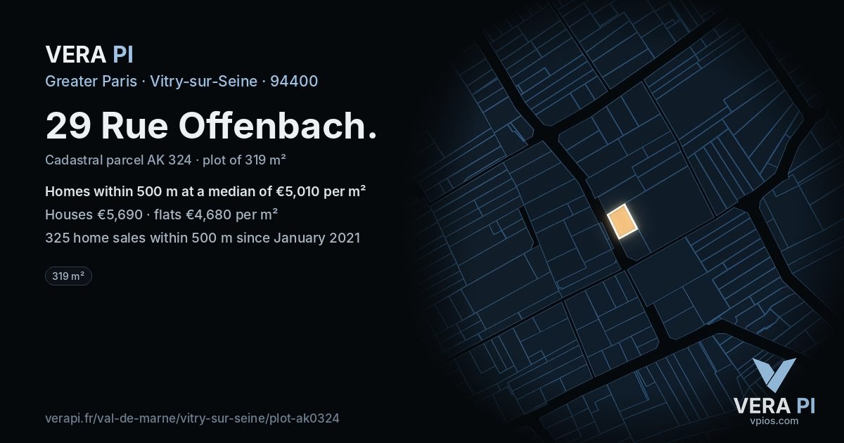 29 Rue Offenbach, Vitry-sur-Seine at night – the plot lit, the parcels around coloured by the prices near them