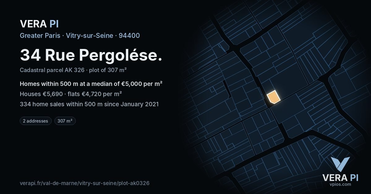 34 Rue Pergolése, Vitry-sur-Seine at night – the plot lit, the parcels around coloured by the prices near them