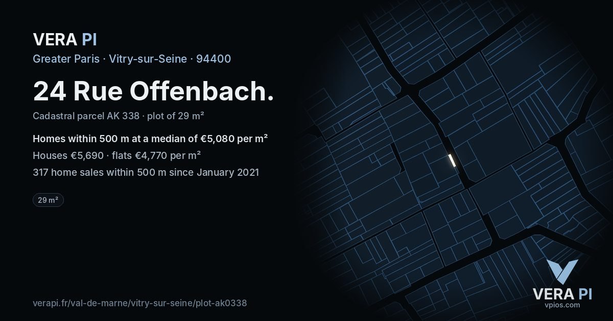24 Rue Offenbach, Vitry-sur-Seine at night – the plot lit, the parcels around coloured by the prices near them