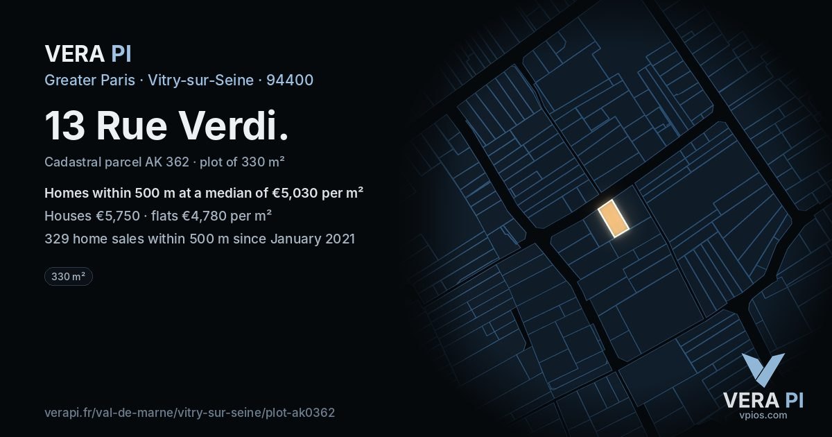 13 Rue Verdi, Vitry-sur-Seine at night – the plot lit, the parcels around coloured by the prices near them