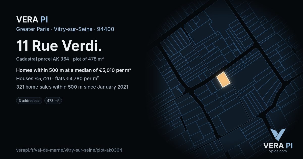 11 Rue Verdi, Vitry-sur-Seine at night – the plot lit, the parcels around coloured by the prices near them