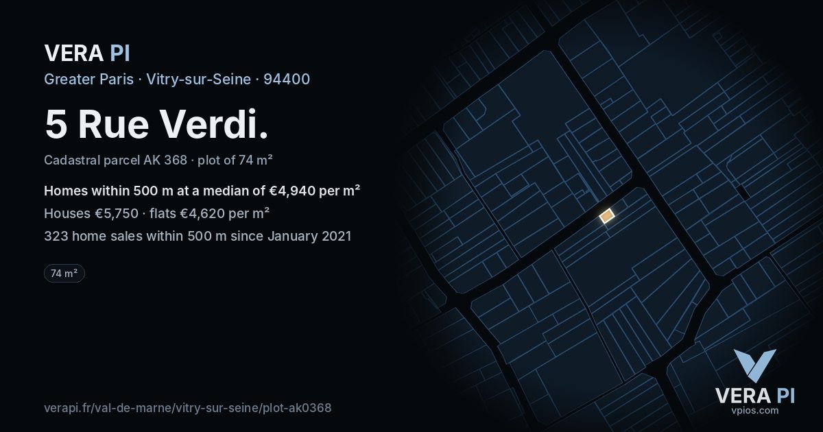 5 Rue Verdi, Vitry-sur-Seine at night – the plot lit, the parcels around coloured by the prices near them
